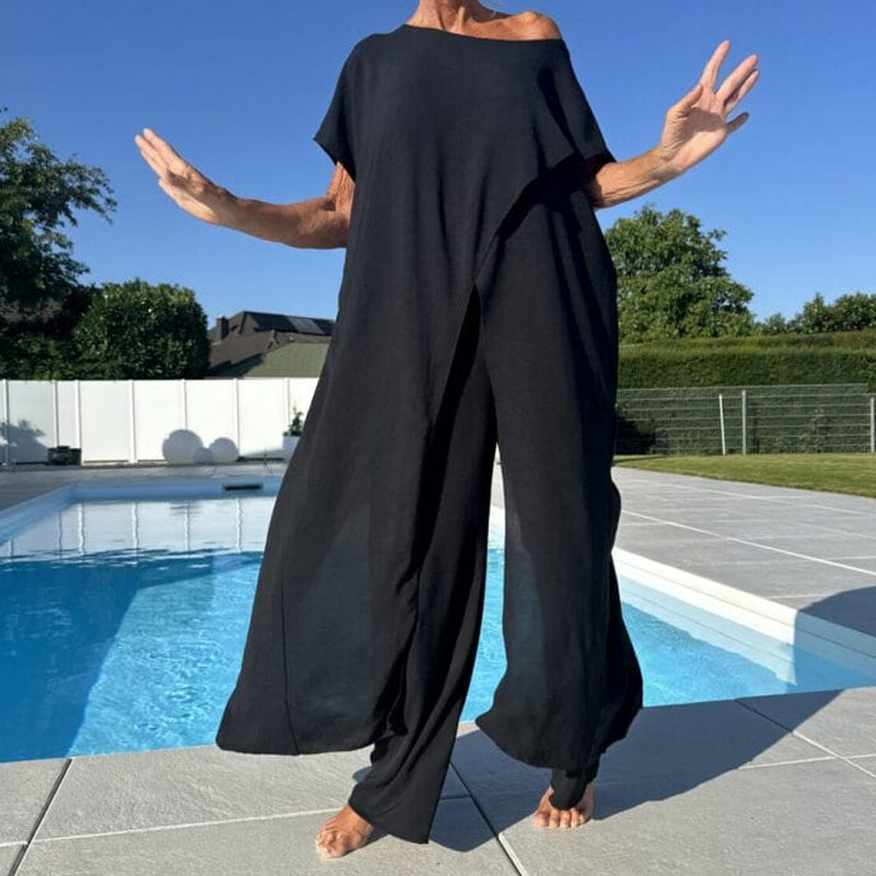 Conjunto de top y pantalón con hombros descubiertos en color liso-ES