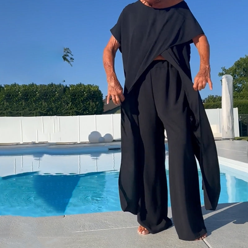 Conjunto de top y pantalón con hombros descubiertos en color liso-ES