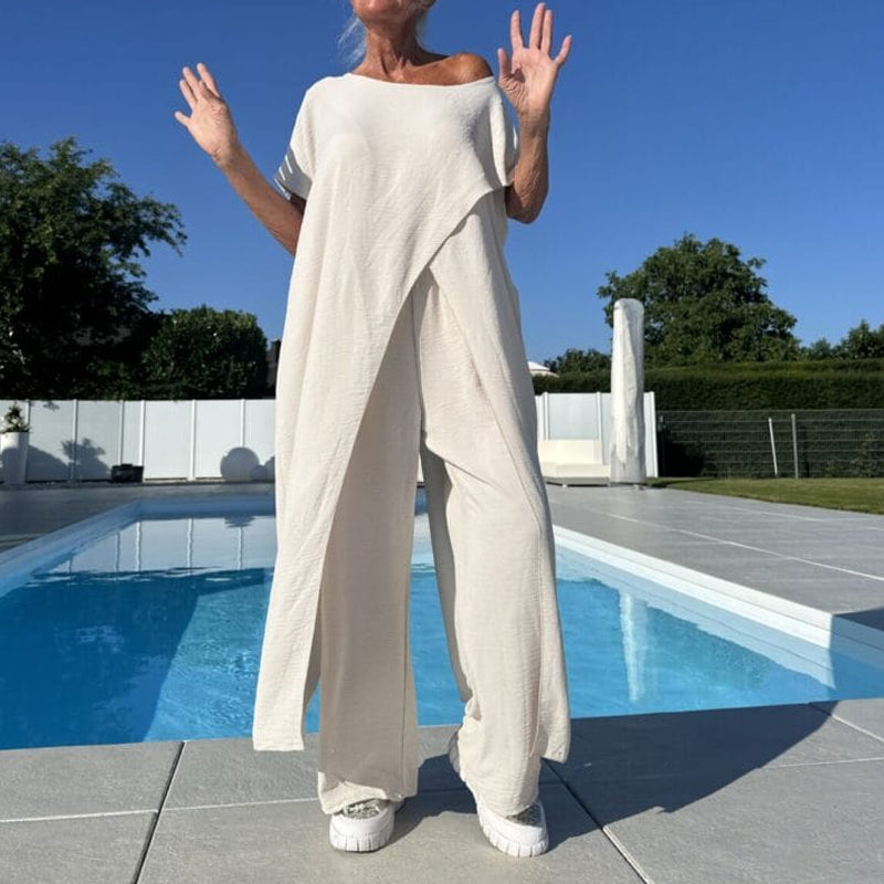 Conjunto de top y pantalón con hombros descubiertos en color liso-ES
