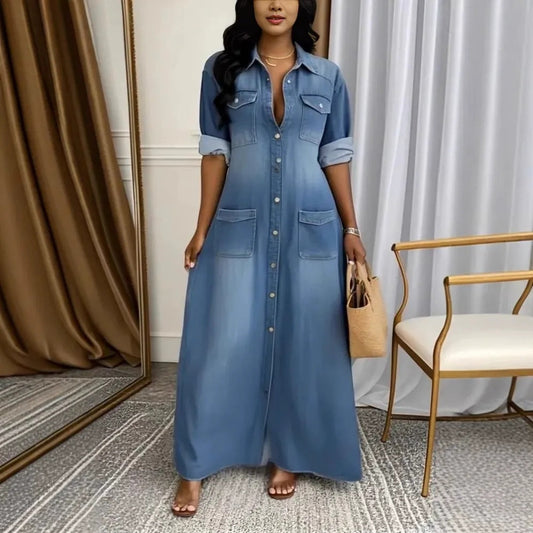 Γυναικείο Φόρεμα με Κουμπιά και Τζιν Μάξι-GR