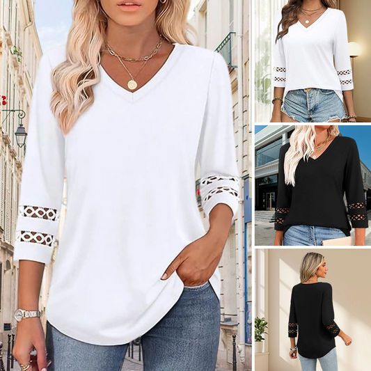 🌺[S-3XL]👚✨ Top clásico de color liso con escote en V y mangas 3/4-ES