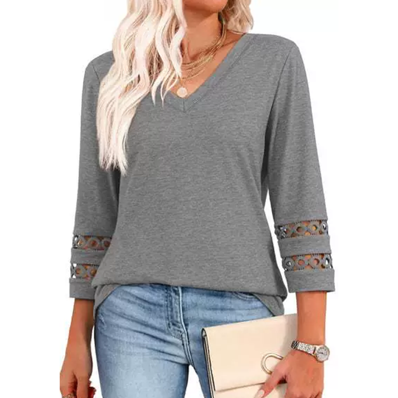 🌺[S-3XL]👚✨ Klasični enobarvni top z V-izrezom in 3/4 rokavi-SI
