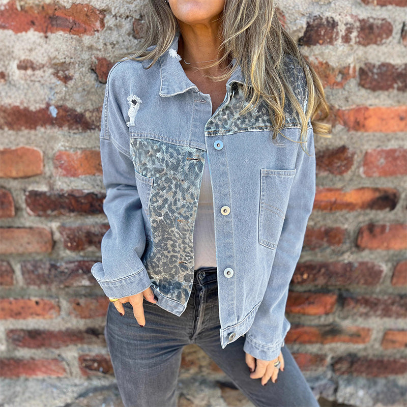 Μοντέρνο τζιν μπουφάν με λεοπάρ τύπωμα και μοτίβο patchwork-GR