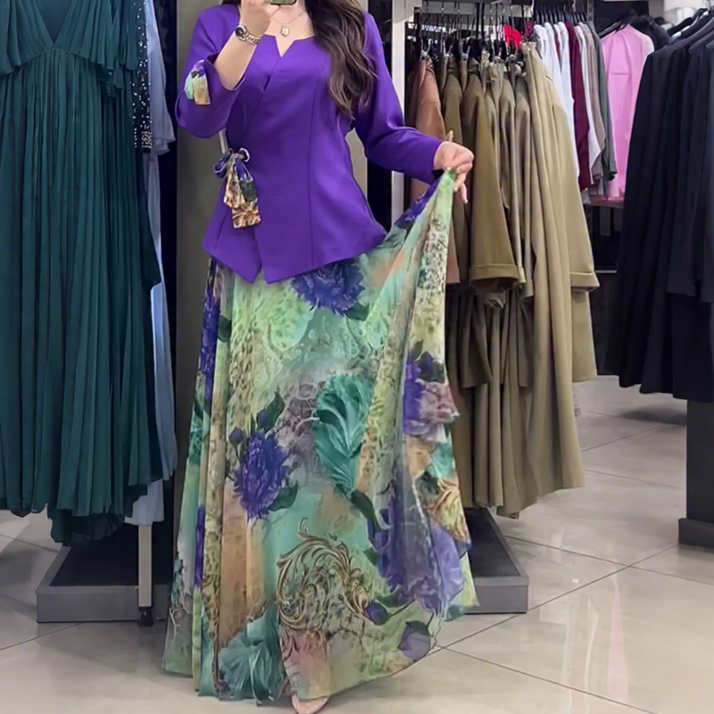 💜Elegante top y falda con motivos florales, conjunto de dos piezas-ES