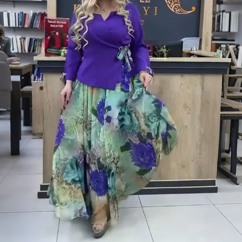 💜Elegante top y falda con motivos florales, conjunto de dos piezas-ES