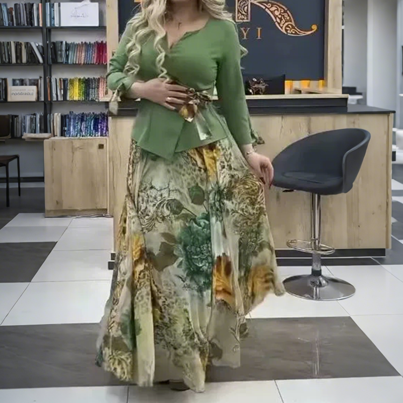 💜Elegante top y falda con motivos florales, conjunto de dos piezas-ES