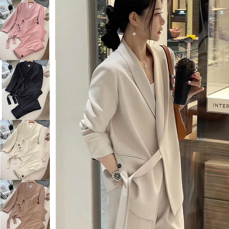 Conjunto de dos piezas para mujer: chaqueta con lazo frontal y pantalón de pierna ancha.-ES