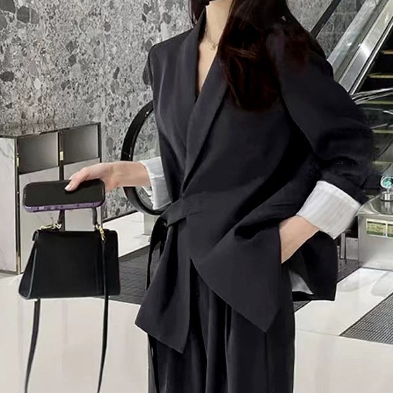 Conjunto de dos piezas para mujer: chaqueta con lazo frontal y pantalón de pierna ancha.-ES