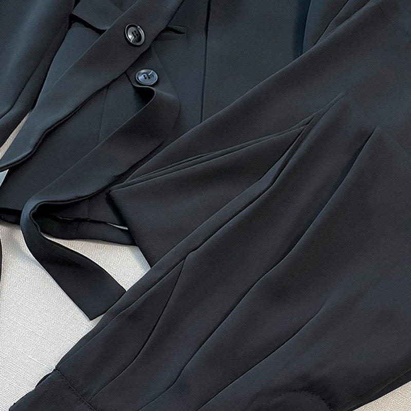 Conjunto de dos piezas para mujer: chaqueta con lazo frontal y pantalón de pierna ancha.-ES