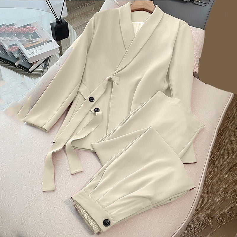 Conjunto de dos piezas para mujer: chaqueta con lazo frontal y pantalón de pierna ancha.-ES