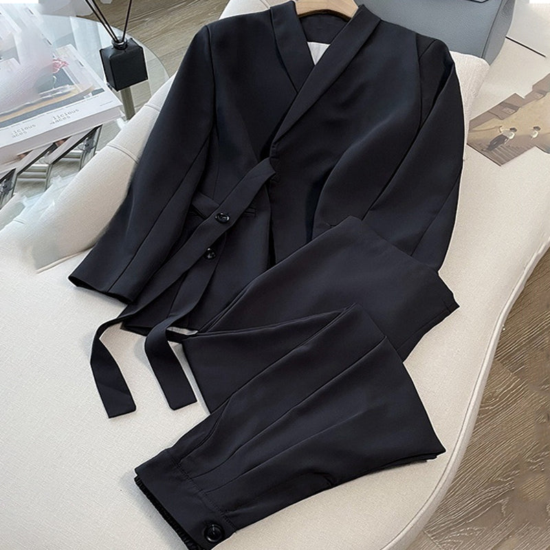 Conjunto de dos piezas para mujer: chaqueta con lazo frontal y pantalón de pierna ancha.-ES