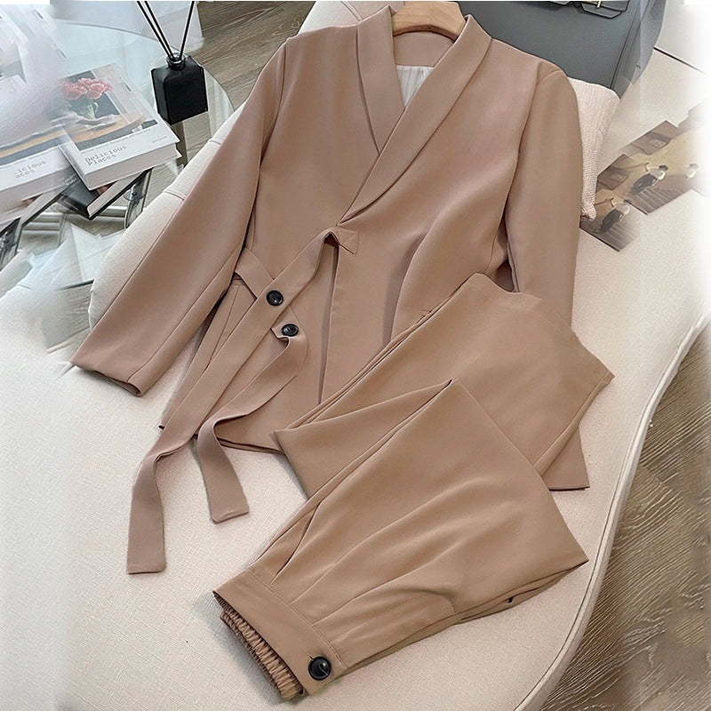 Conjunto de dos piezas para mujer: chaqueta con lazo frontal y pantalón de pierna ancha.-ES