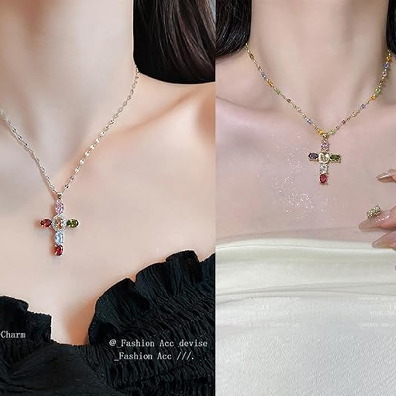 Spalvingi karoliai su krištoliniu kryželiu-LT