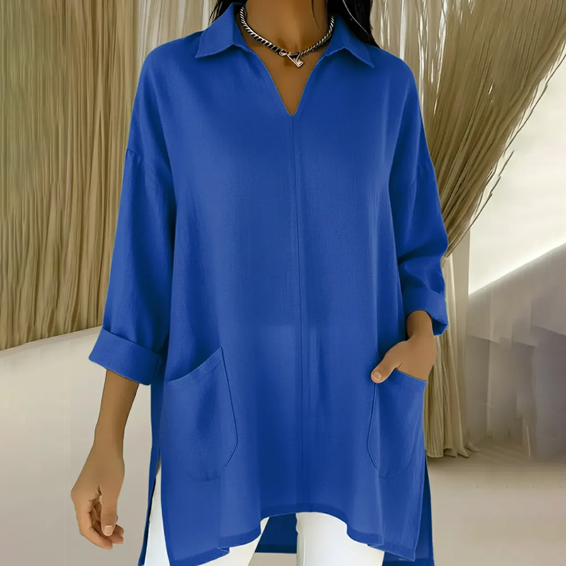 ✨🔥 2026 metų naujiena – moteriška tunika su V formos iškirpte ir apykakle, su kišenėmis 👚-LT