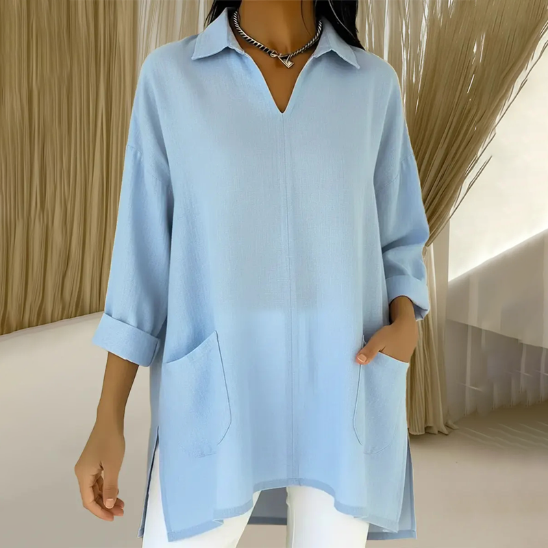 ✨🔥 2026 metų naujiena – moteriška tunika su V formos iškirpte ir apykakle, su kišenėmis 👚-LT