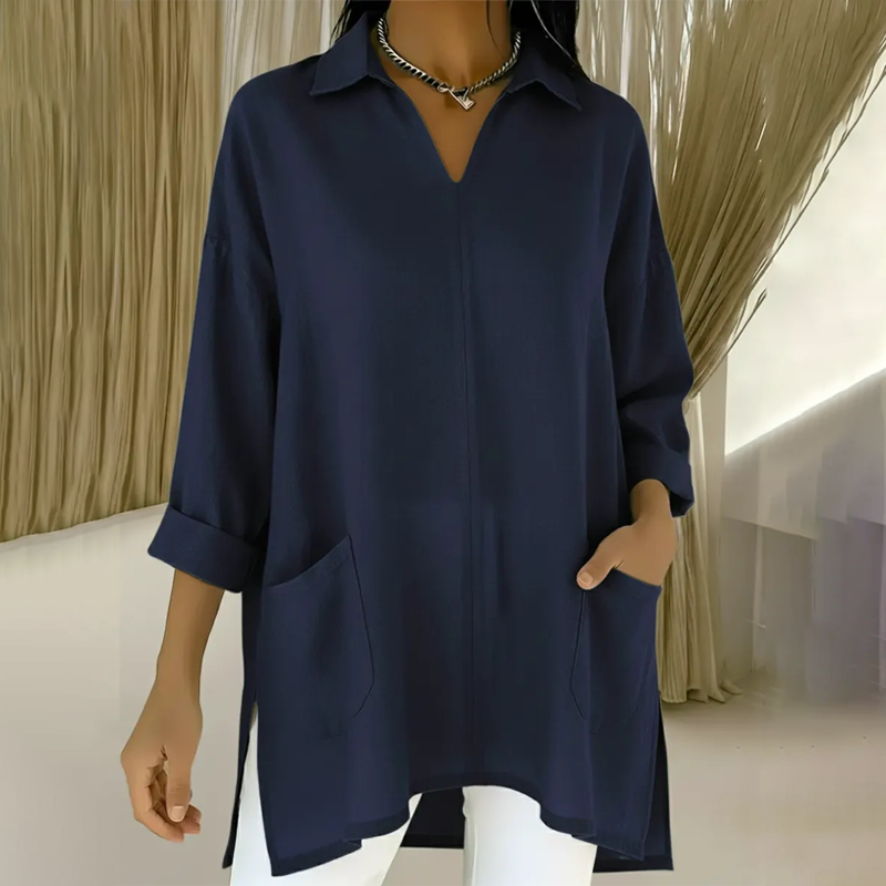 ✨🔥 2026 metų naujiena – moteriška tunika su V formos iškirpte ir apykakle, su kišenėmis 👚-LT