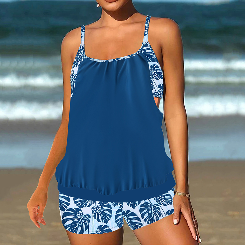 👗🌊Dviejų dalių moteriškas maudymosi kostiumėlis – viršus + šortai | Marškinių tipo dizainas, dideli dydžiai-LT