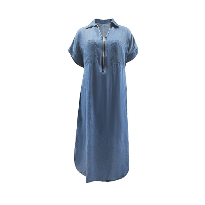 😍Amžina elegancija ir žavesys🌠️Ilga džinsinė suknelė moterims su V formos iškirpte ir užtrauktuku🌟-LT